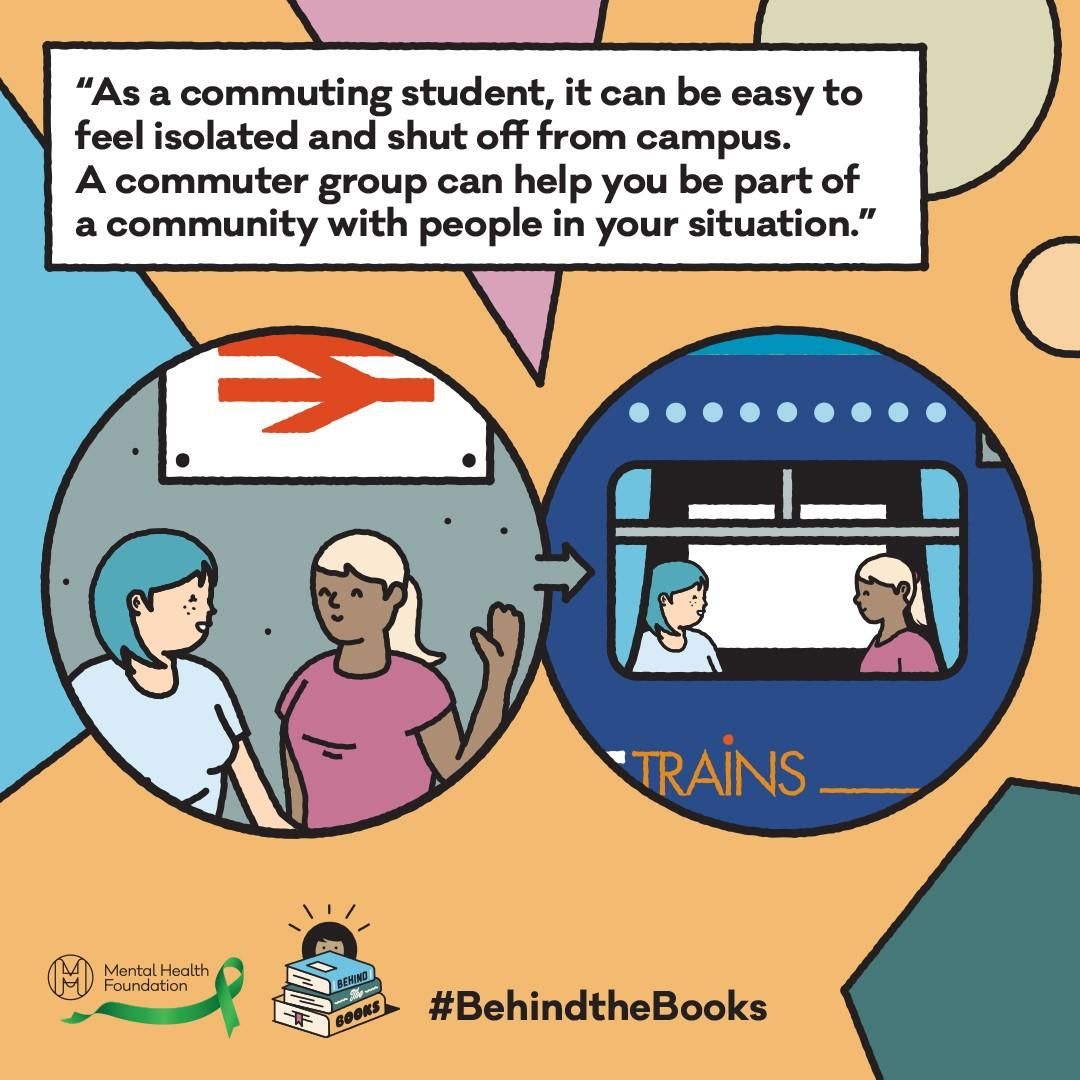 The image displays a quote from the blog: "As a commuting student, it can be easy to feel isolated and shut off from campus. A commuter group can help you be part of a community with people in your situation". The image shows illustrations of people commuting to university.